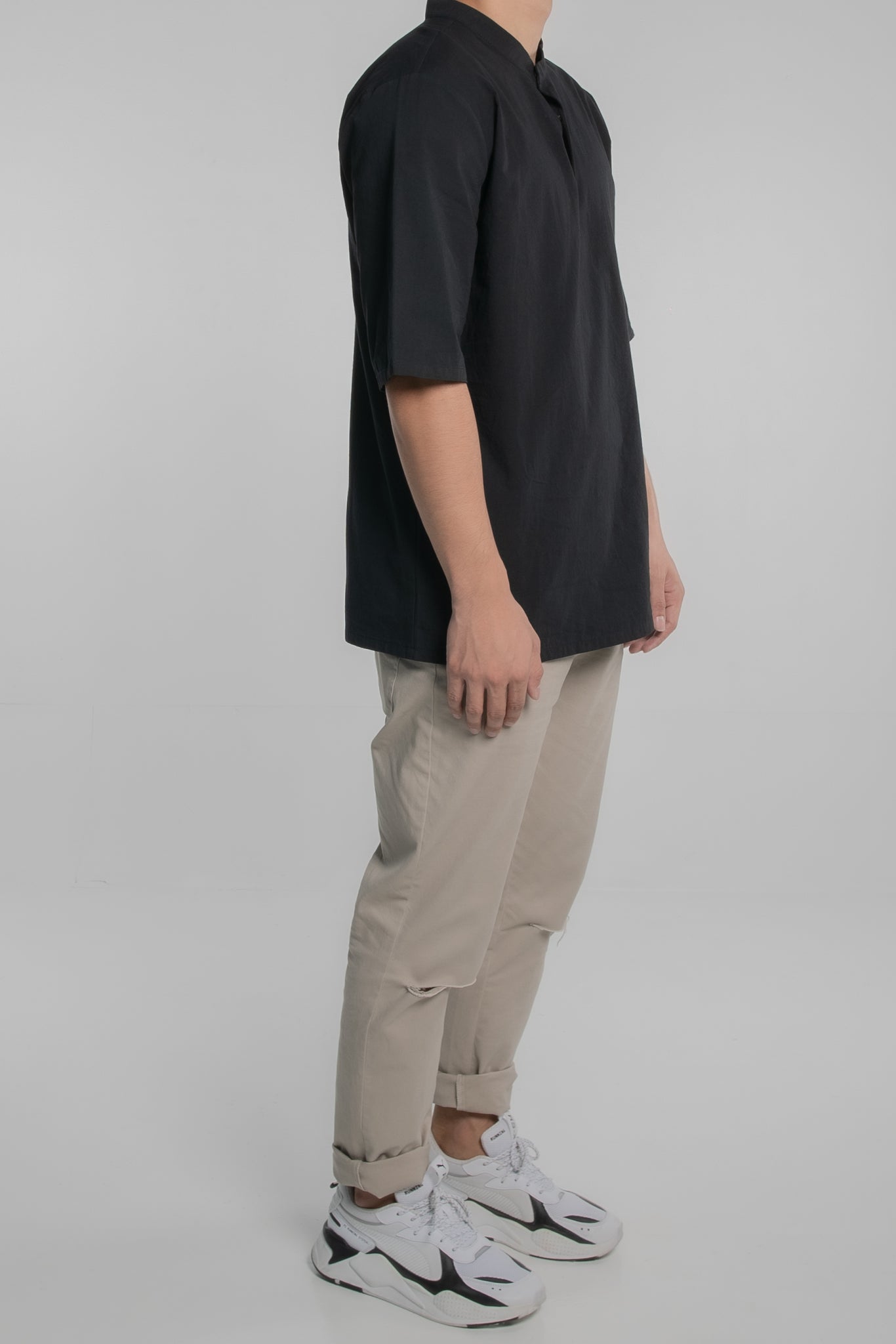 Mandarin Collar Short Sleeve Shirt (Black)
