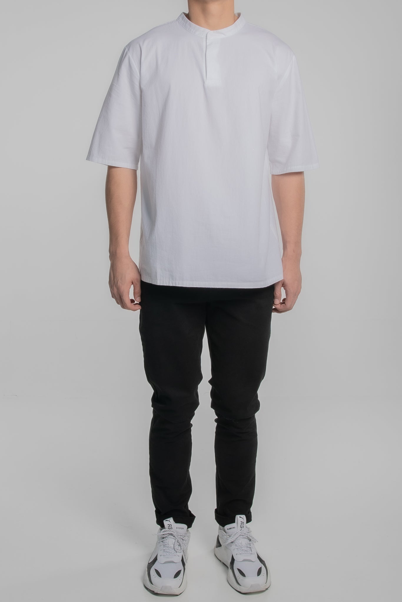 Mandarin Collar Short Sleeve Shirt (White)