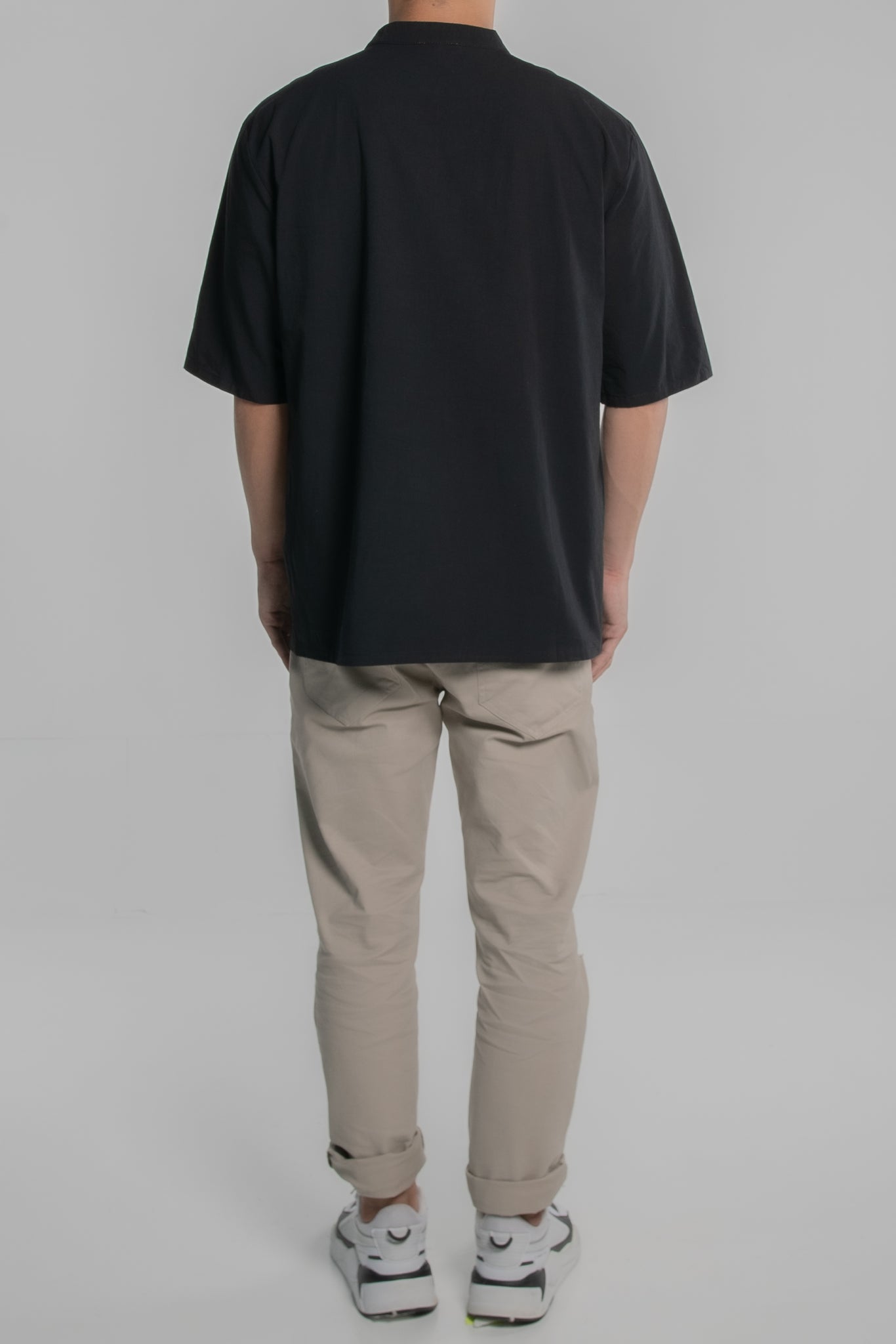 Mandarin Collar Short Sleeve Shirt (Black)