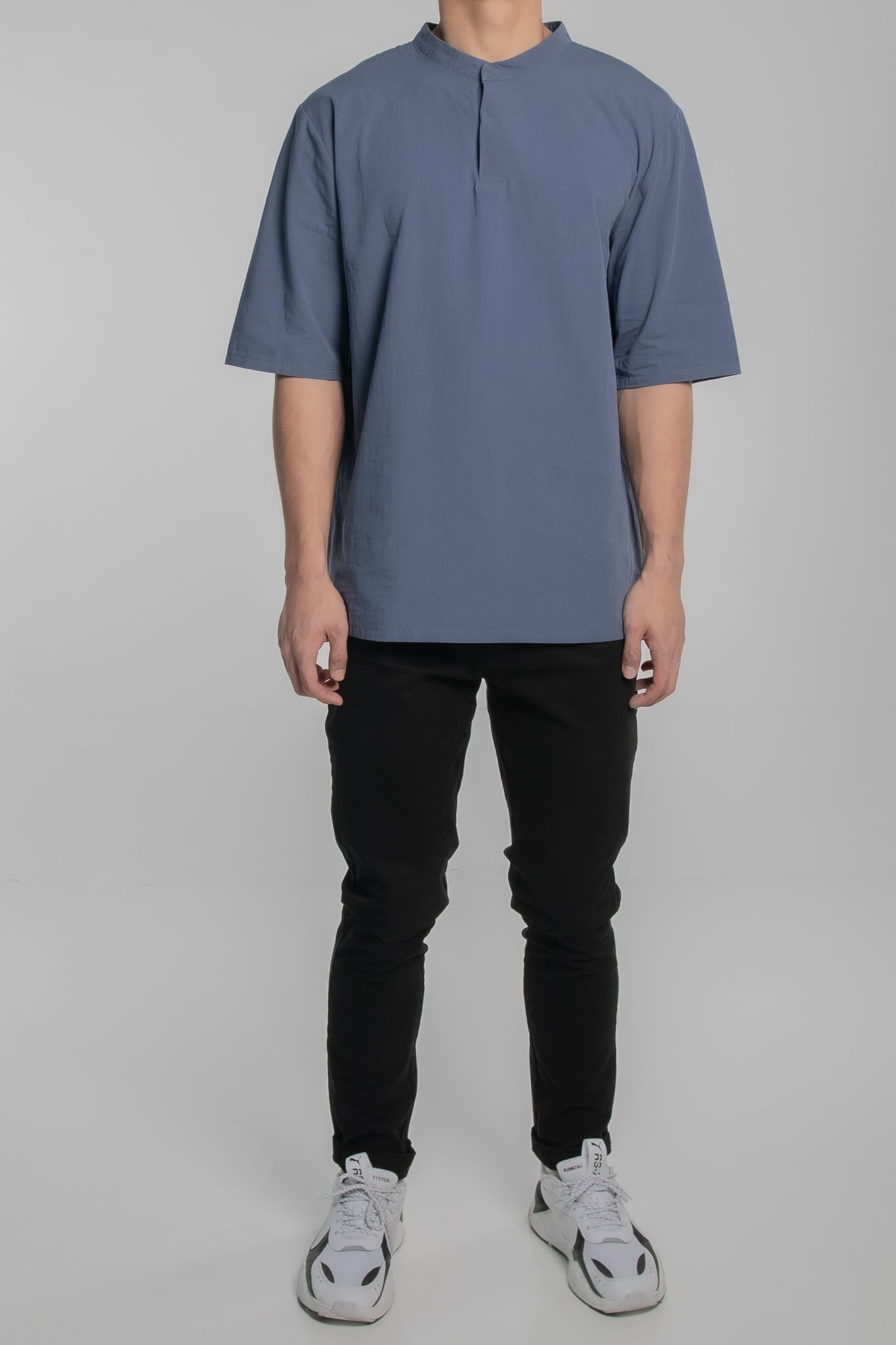 Mandarin Collar Short Sleeve Shirt (Blue)