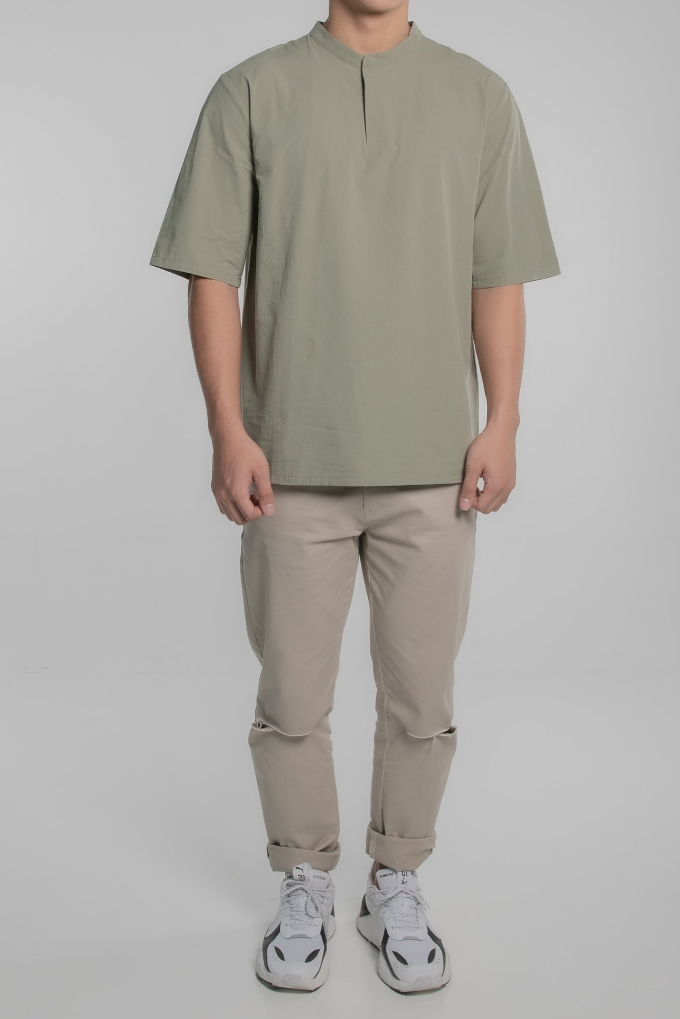 Mandarin Collar Short Sleeve Shirt (Green)