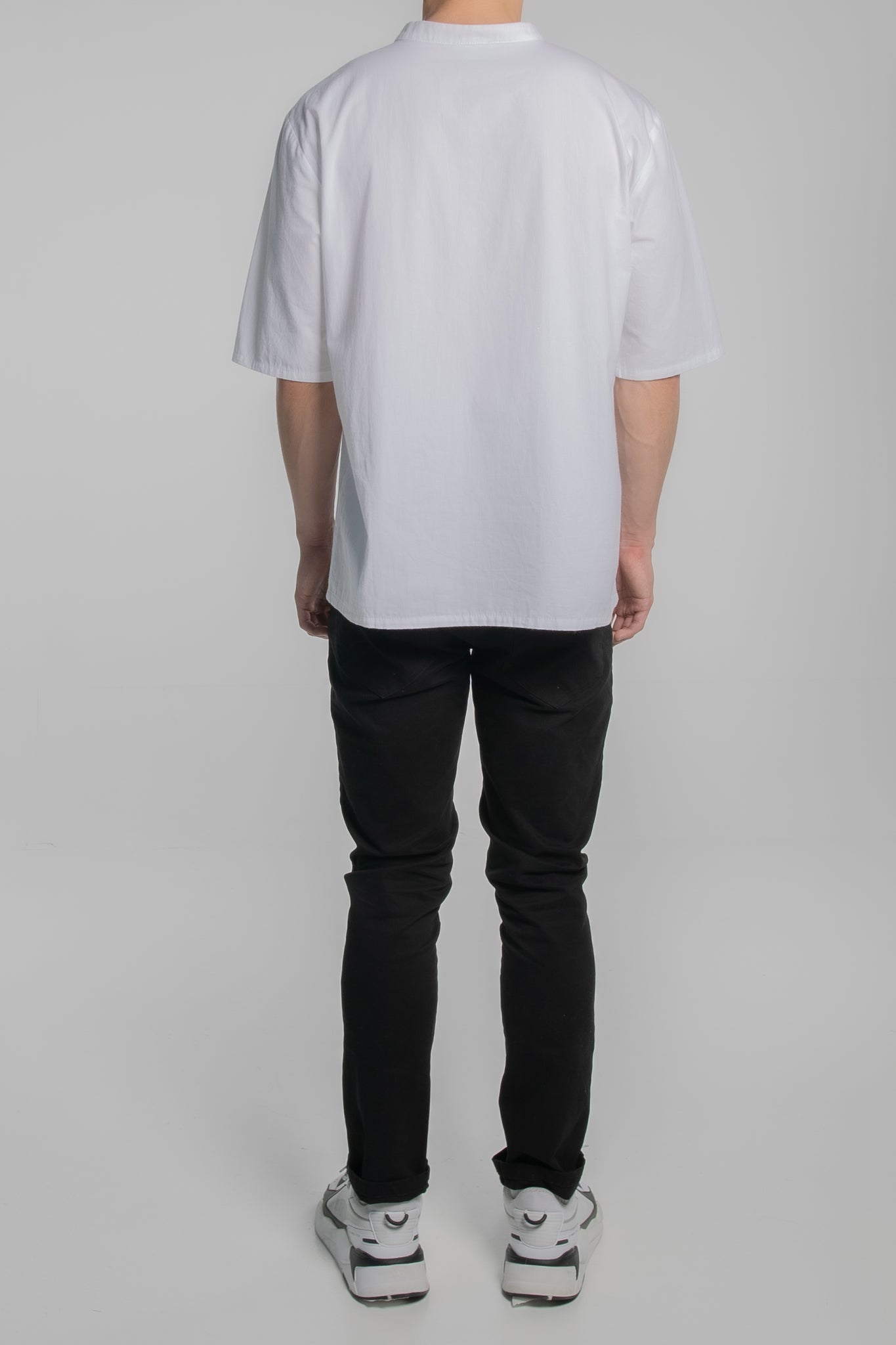 Mandarin Collar Short Sleeve Shirt (White)